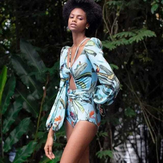 Puff long Sleeve Tropical Cutout Monokini One Piece Swimsuit - B2 / S On sale