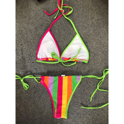 Rainbow Striped Strappy Halter Thong Bikini Swimsuits - On sale
