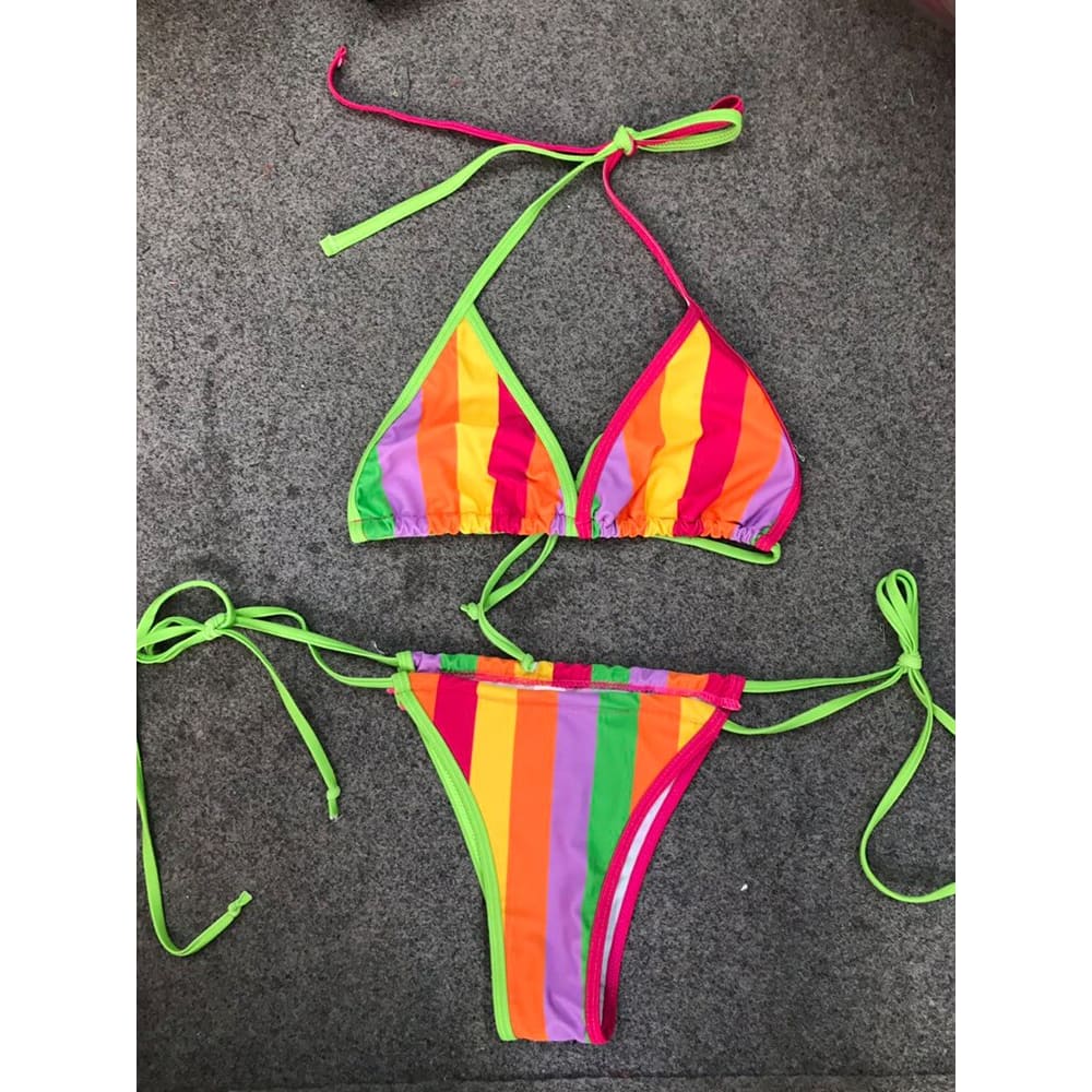 Rainbow Striped Strappy Halter Thong Bikini Swimsuits - On sale