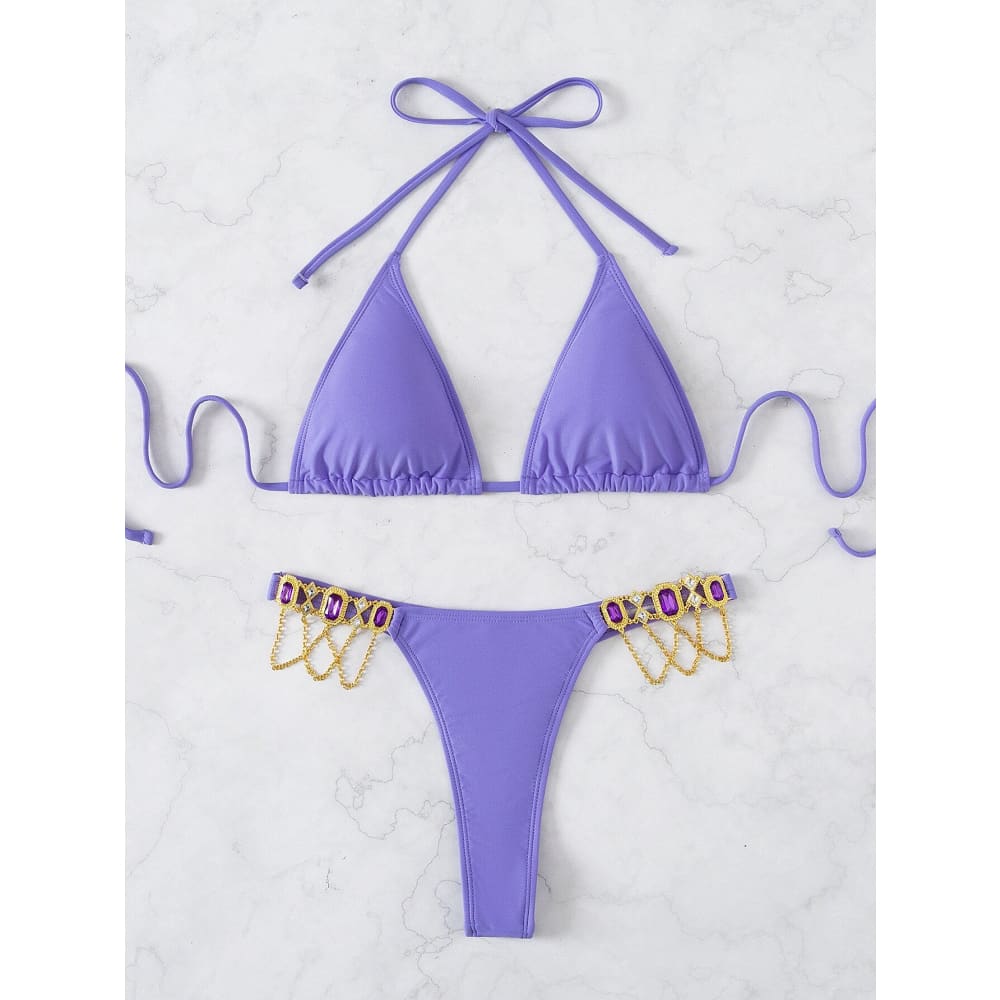 Rhinestone Chain Triangle Bikini Swimsuits - On sale