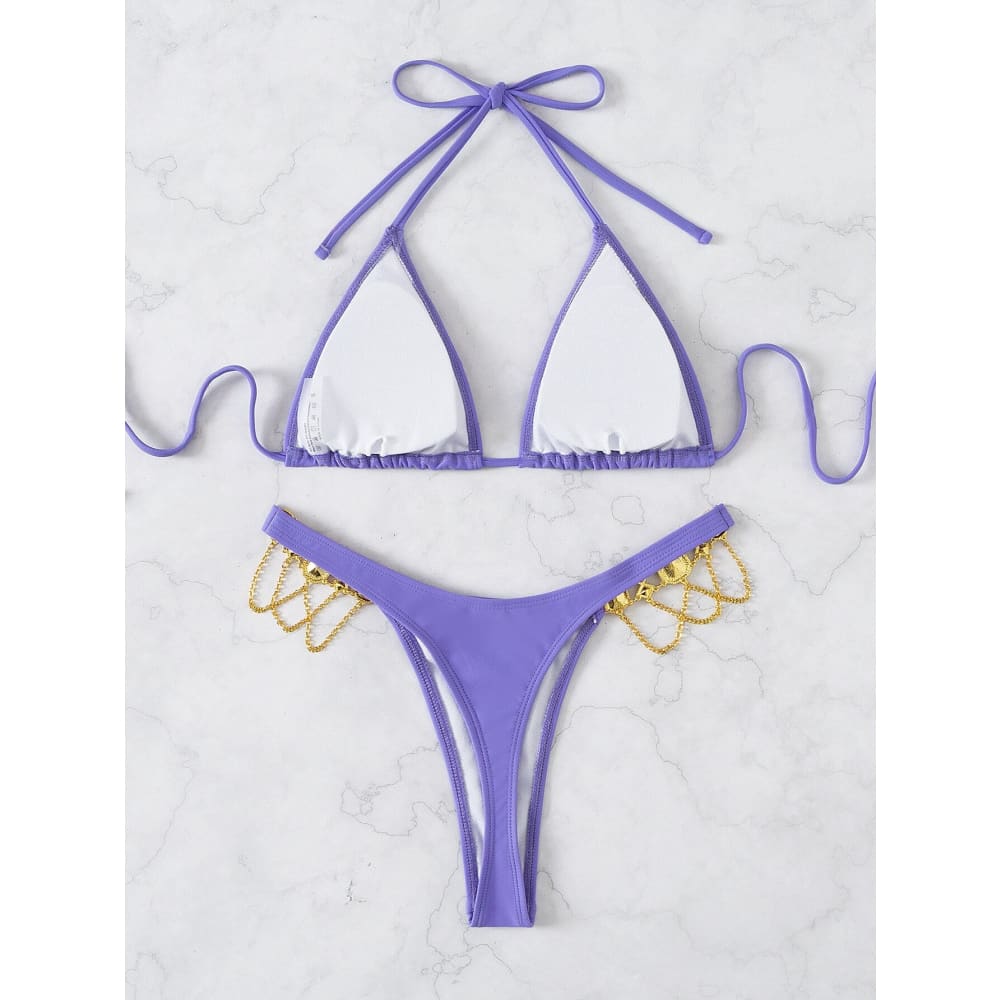 Rhinestone Chain Triangle Bikini Swimsuits - On sale
