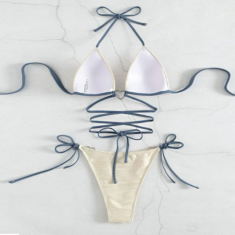 Ribbed Contrast Strappy Triangle Bikini Swimsuit - On sale