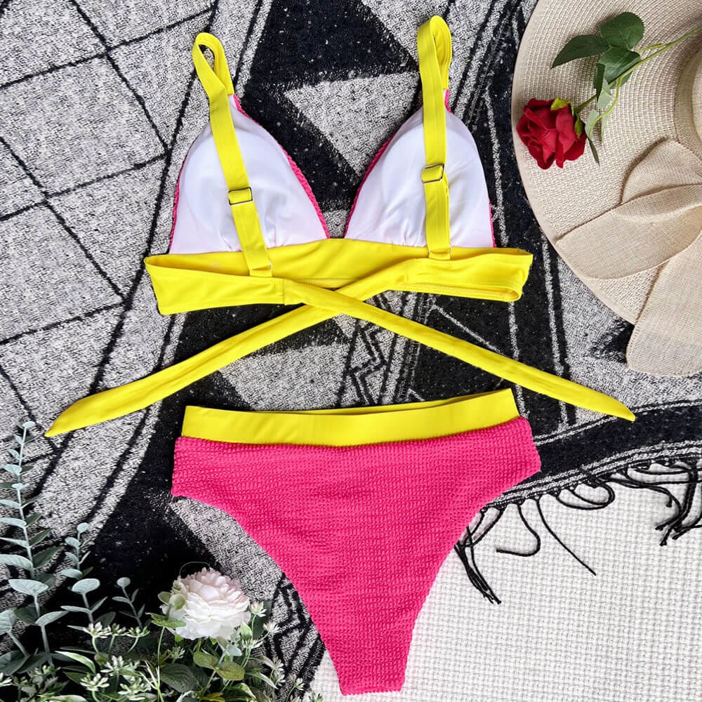 Ribbed Contrast Trim Triangle Brazilian Bikini Swimsuit - On sale