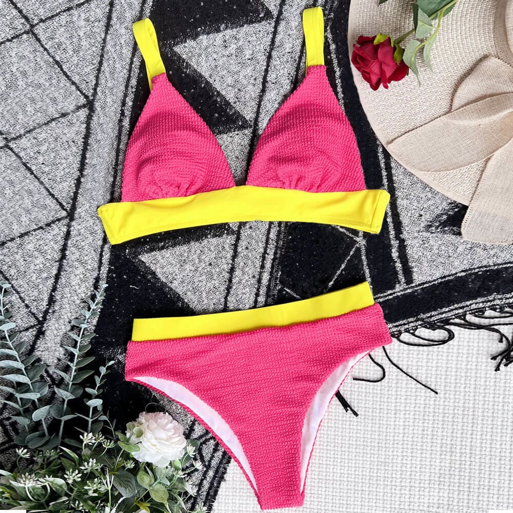Ribbed Contrast Trim Triangle Brazilian Bikini Swimsuit - On sale