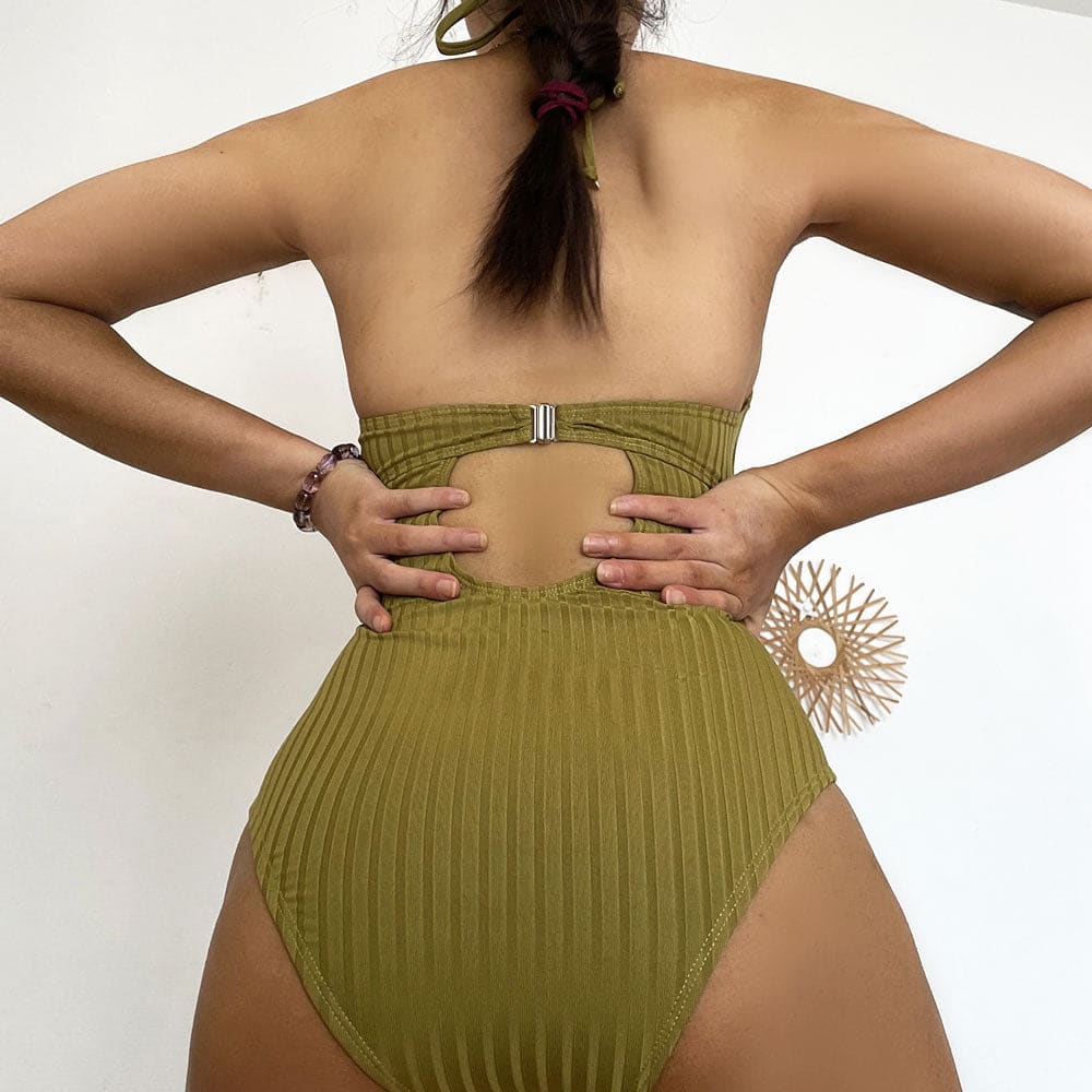 Ribbed Cut Out Open Back One Piece Swimsuit - On sale