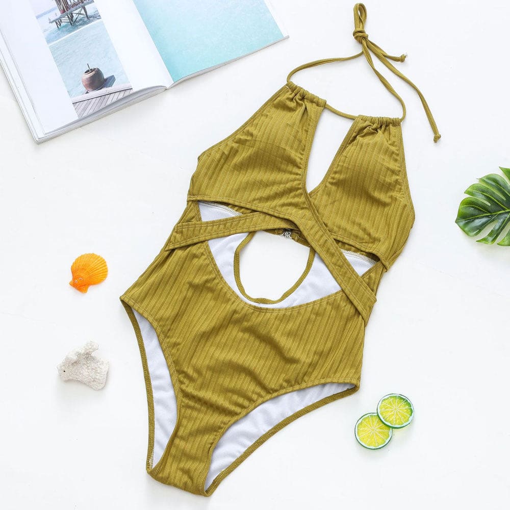 Ribbed Cut Out Open Back One Piece Swimsuit - On sale