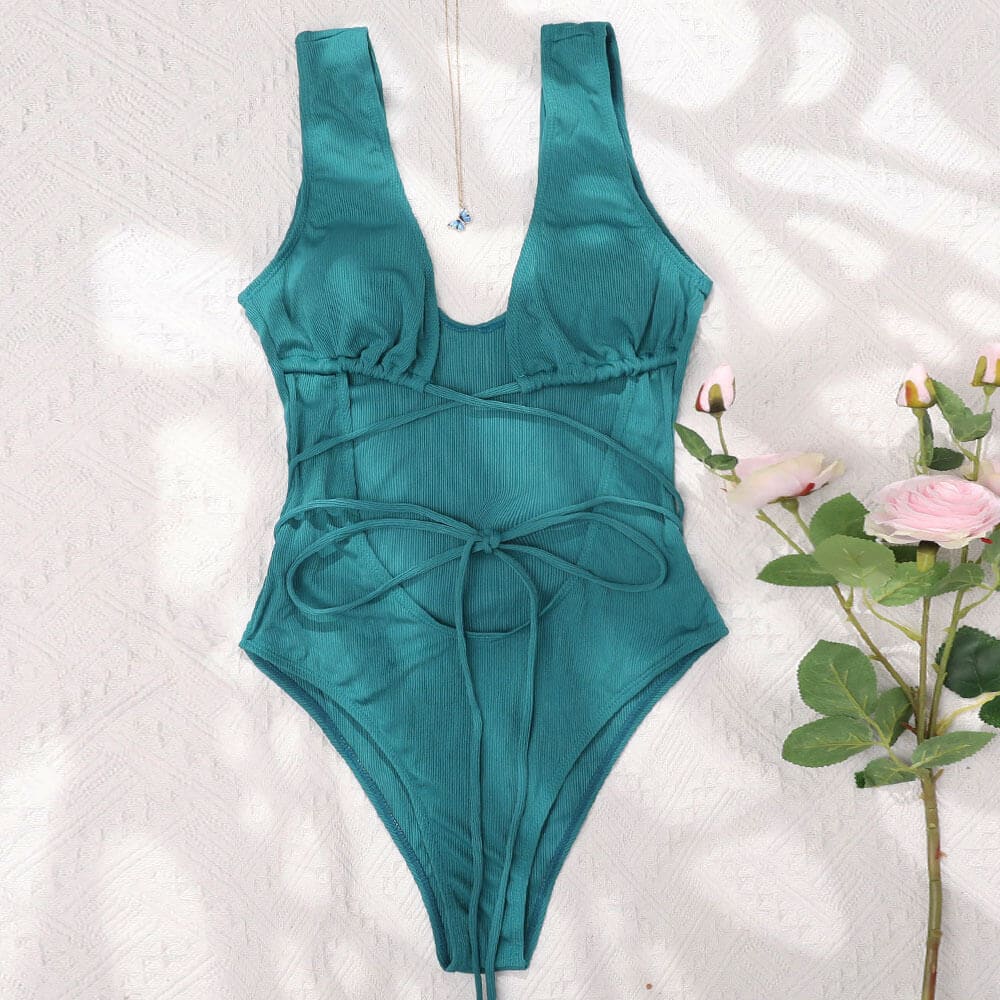 Ribbed Cutout Tie String Brazilian One Piece Swimsuit - On sale