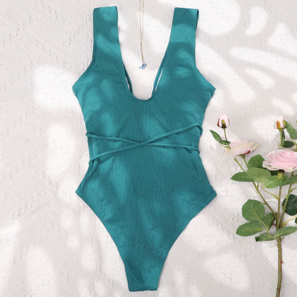Ribbed Cutout Tie String Brazilian One Piece Swimsuit - On sale