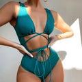 Ribbed Cutout Tie String Brazilian One Piece Swimsuit - Turquoise / S On sale