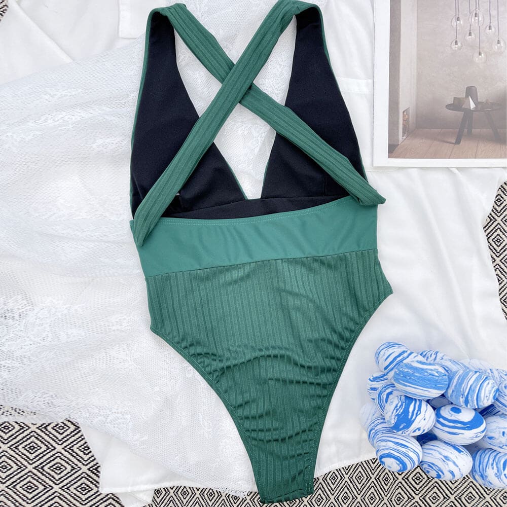 Ribbed High Cut Deep V Halter One Piece Swimsuit - On sale