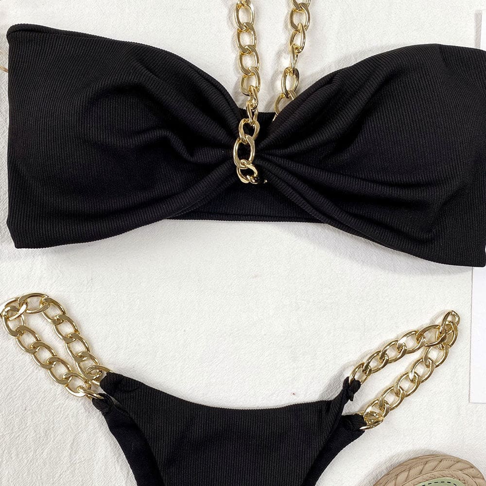 Ribbed Metallic Halter Bandeau Brazilian Bikini Swimsuits - On sale