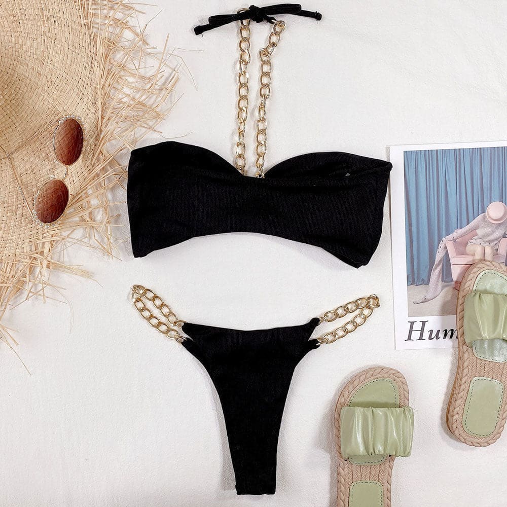 Ribbed Metallic Halter Bandeau Brazilian Bikini Swimsuits - On sale