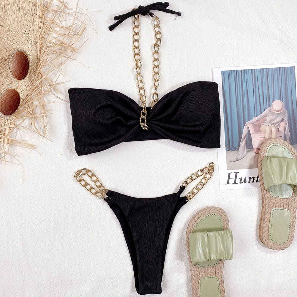 Ribbed Metallic Halter Bandeau Brazilian Bikini Swimsuits - On sale