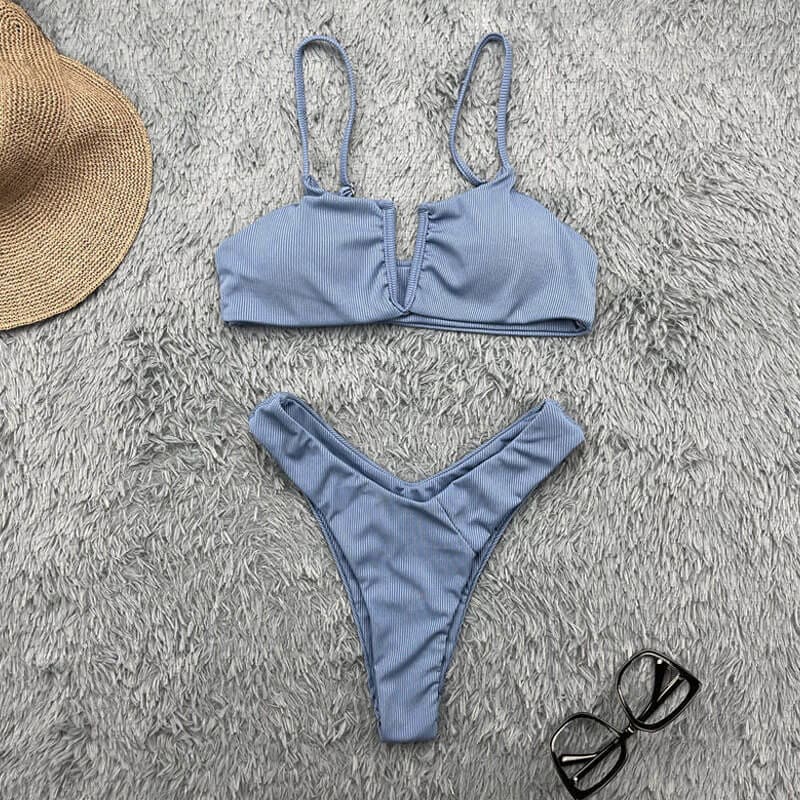 Ribbed Notch Front Bralette Brazilian Bikini Swimsuits - On sale