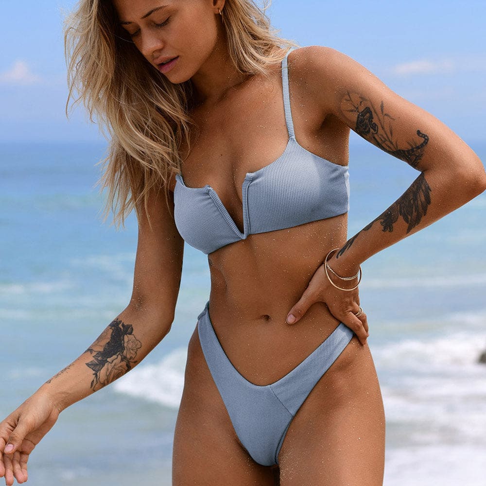 Ribbed Notch Front Bralette Brazilian Bikini Swimsuits - Dusty Blue / S On sale