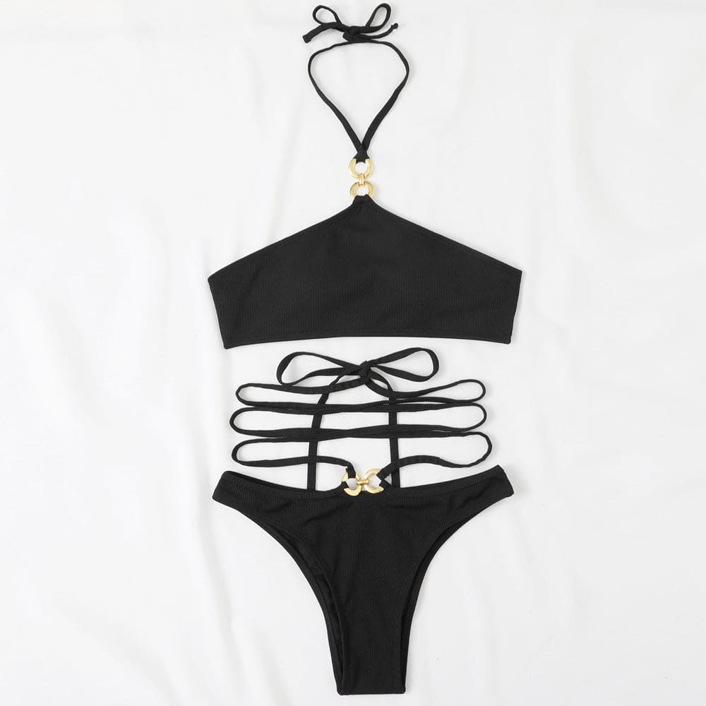 Ribbed O Ring String Wrap Halter Brazilian Bikini Swimsuit - On sale
