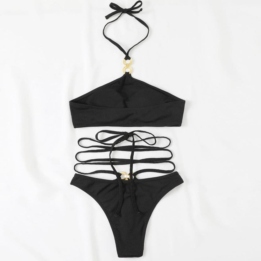 Ribbed O Ring String Wrap Halter Brazilian Bikini Swimsuit-Sunnybikinis