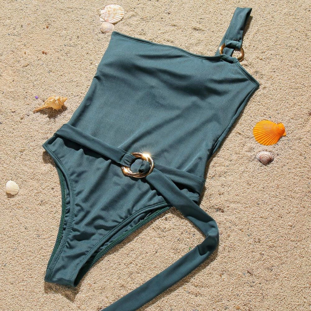 Printed One Shoulder Ruffle Belted Asymmetrical Backless One Piece Swimsuit