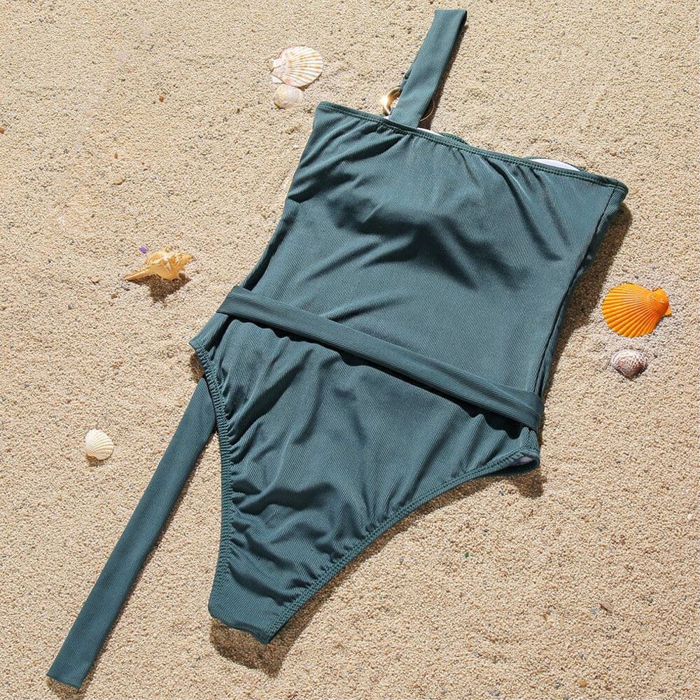 Ribbed One Shoulder Belted Piece Swimsuit - On sale