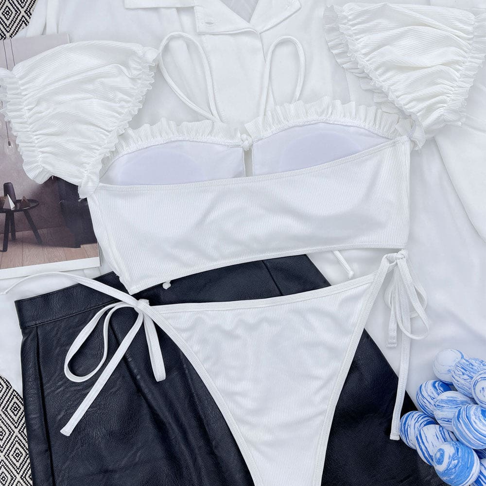 Ribbed Ruffle Bralette Brazilian Bikini Swimsuit - On sale