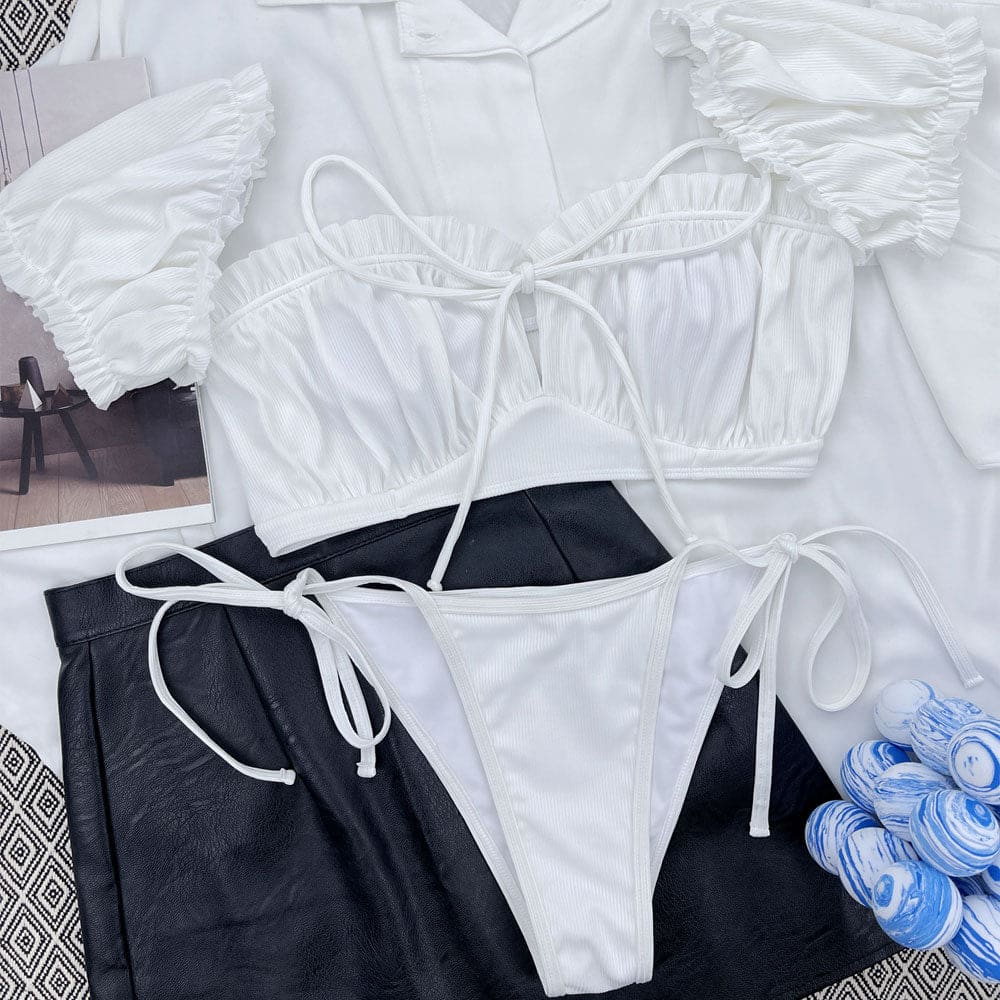 Ribbed Ruffle Bralette Brazilian Bikini Swimsuit - On sale