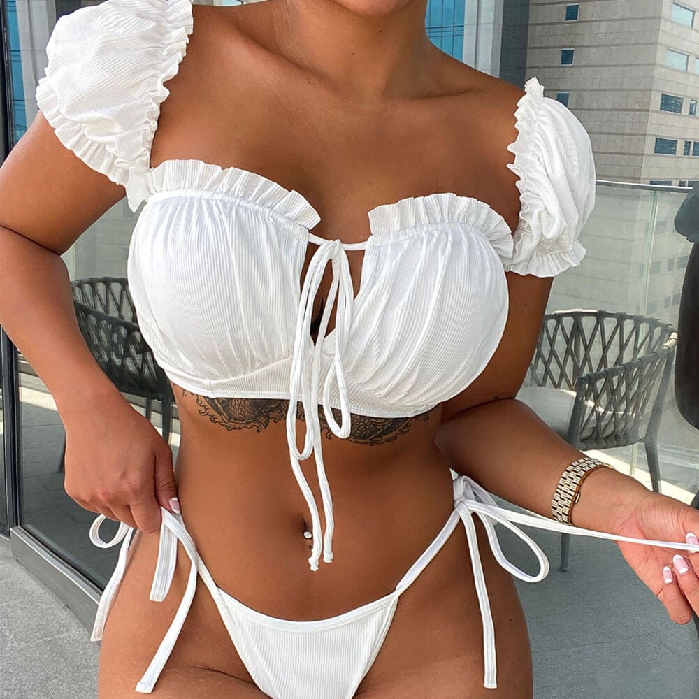 Ribbed Ruffle Bralette Brazilian Bikini Swimsuit - White / S On sale