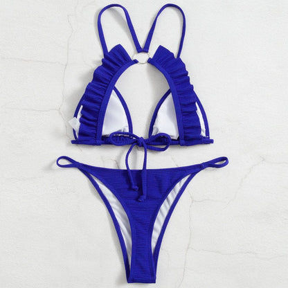 Ribbed Ruffle Triangle Brazilian Thong Bikini Swimsuit - On sale