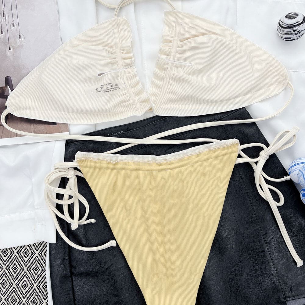Ribbed Ruffle Trim Halter Brazilian Bikini Swimsuit - On sale