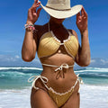 Ribbed Ruffle Trim Halter Brazilian Bikini Swimsuit - Khaki / S On sale