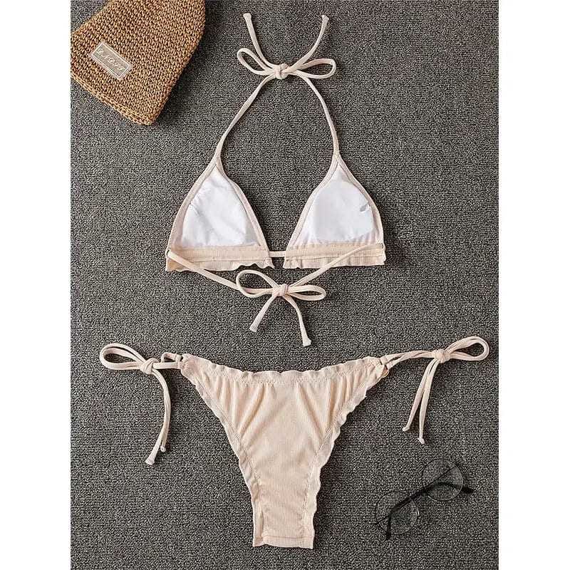 Ribbed Ruffled Frilled Triangle Brazilian Bikini Swimsuit - On sale