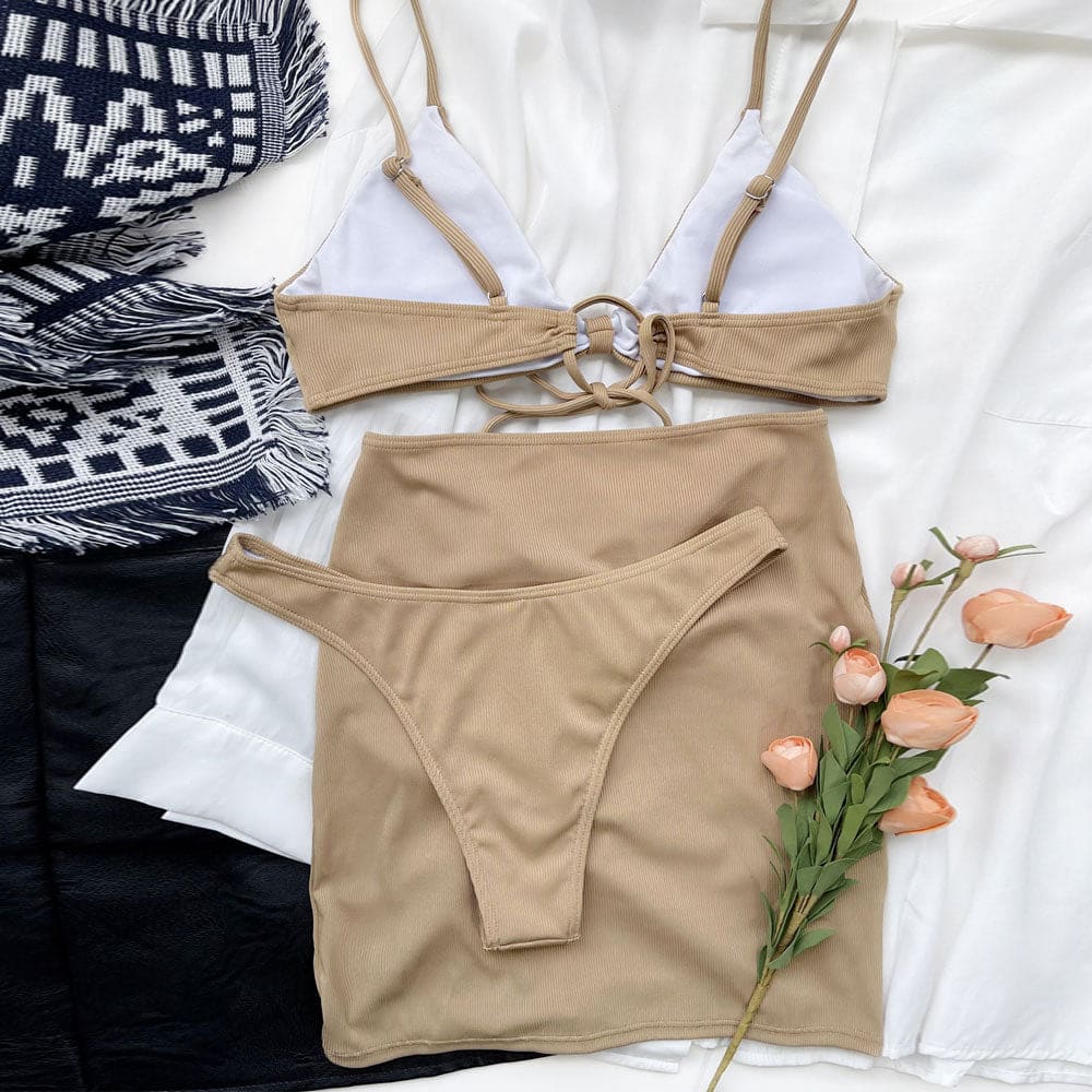 Ribbed Scoop Neck Tie Back Three Piece Swimsuit - On sale