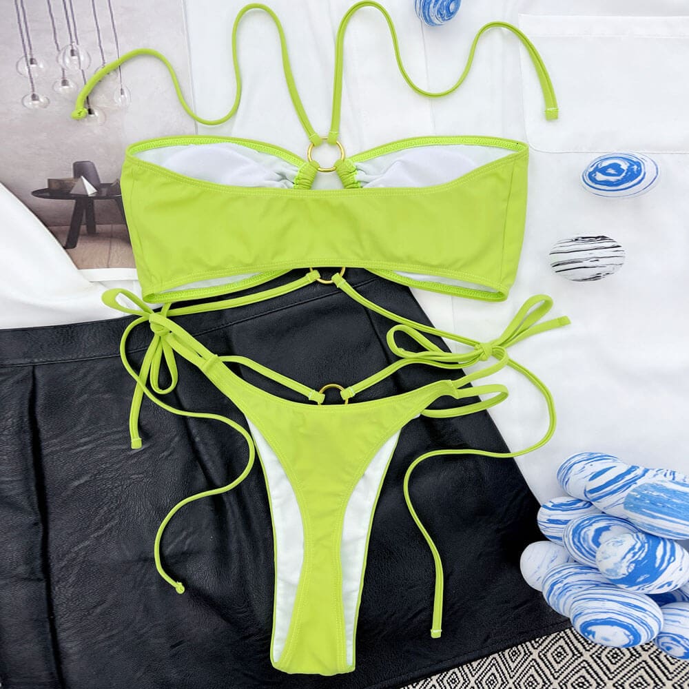 Ribbed Tie String Triangle Brazilian Bikini Swimsuit - On sale