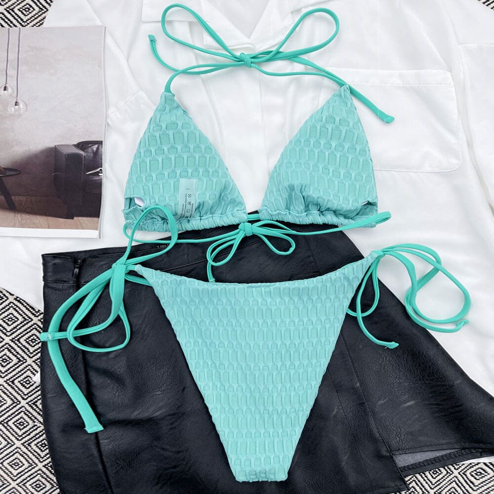 Ribbed Tie String Triangle Brazilian Bikini Swimsuit - On sale