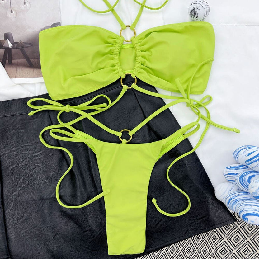 Ribbed Tie String Triangle Brazilian Bikini Swimsuit - Sunnybikinis
