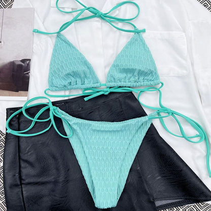 Ribbed Tie String Triangle Brazilian Bikini Swimsuit - On sale