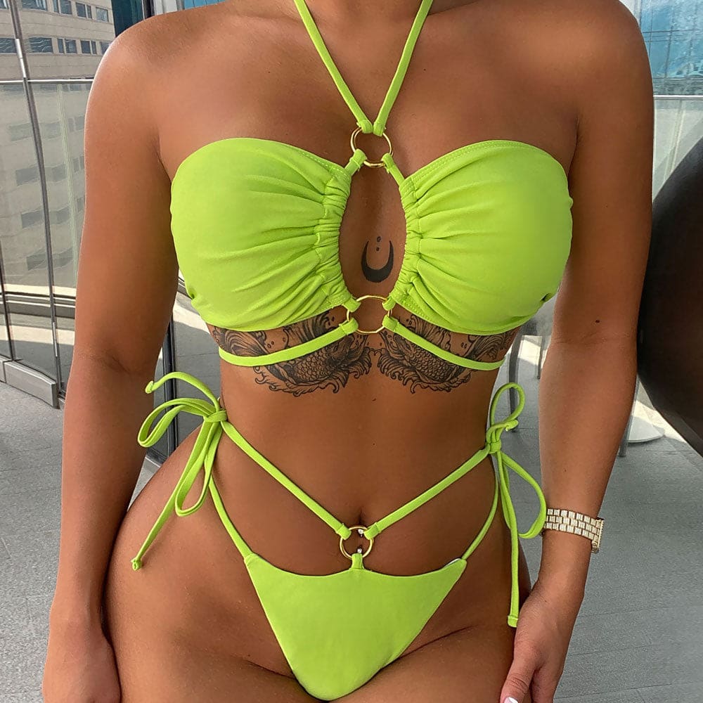 Ribbed Tie String Triangle Brazilian Bikini Swimsuit - Lime Green / S On sale