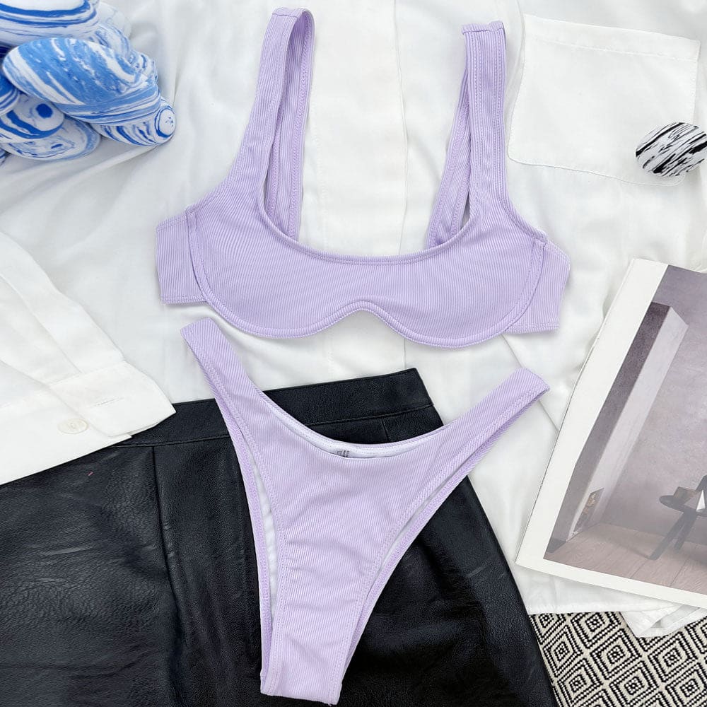 Ribbed Underwire Bralette Brazilian Bikini Swimsuit - On sale