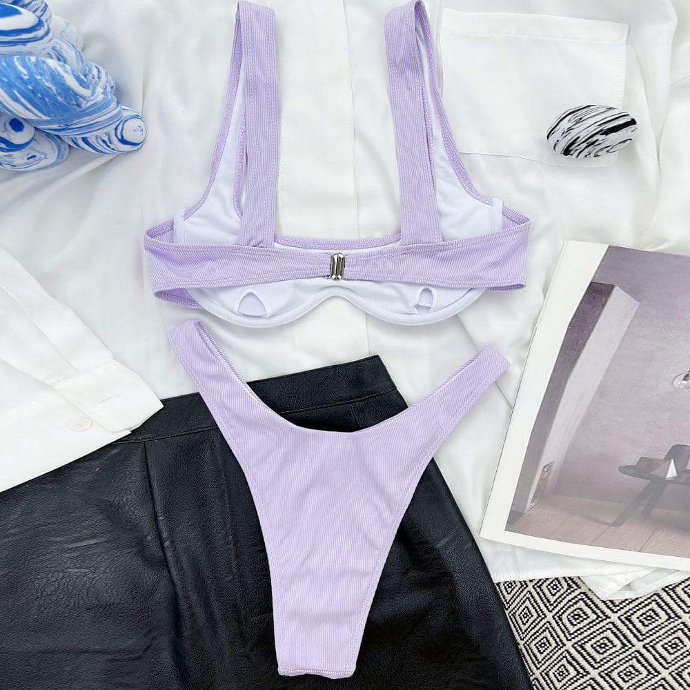 Ribbed Underwire Bralette Brazilian Bikini Swimsuit - On sale