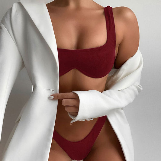 Ribbed Underwire Bralette Brazilian Bikini Swimsuit - Burgundy / S On sale