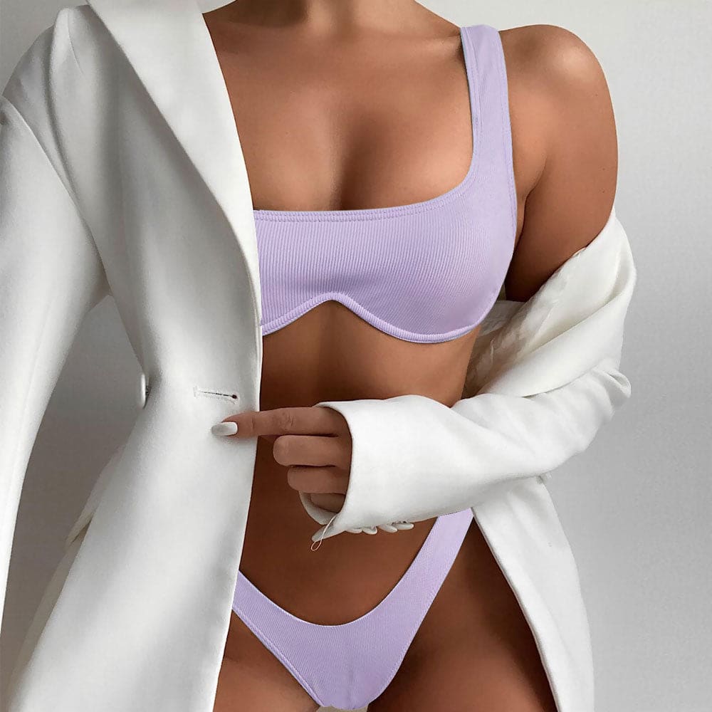 Ribbed Underwire Bralette Brazilian Bikini Swimsuit - Lilac / S On sale