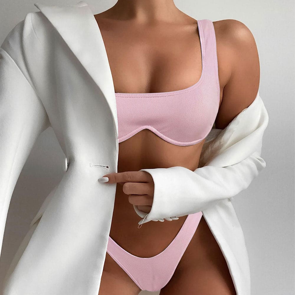 Ribbed Underwire Bralette Brazilian Bikini Swimsuit - Pink / S On sale