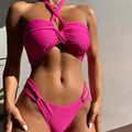 Ruched Cut Out Layer Trim Brazilian Bikini Swimsuit - Hot Pink / S On sale