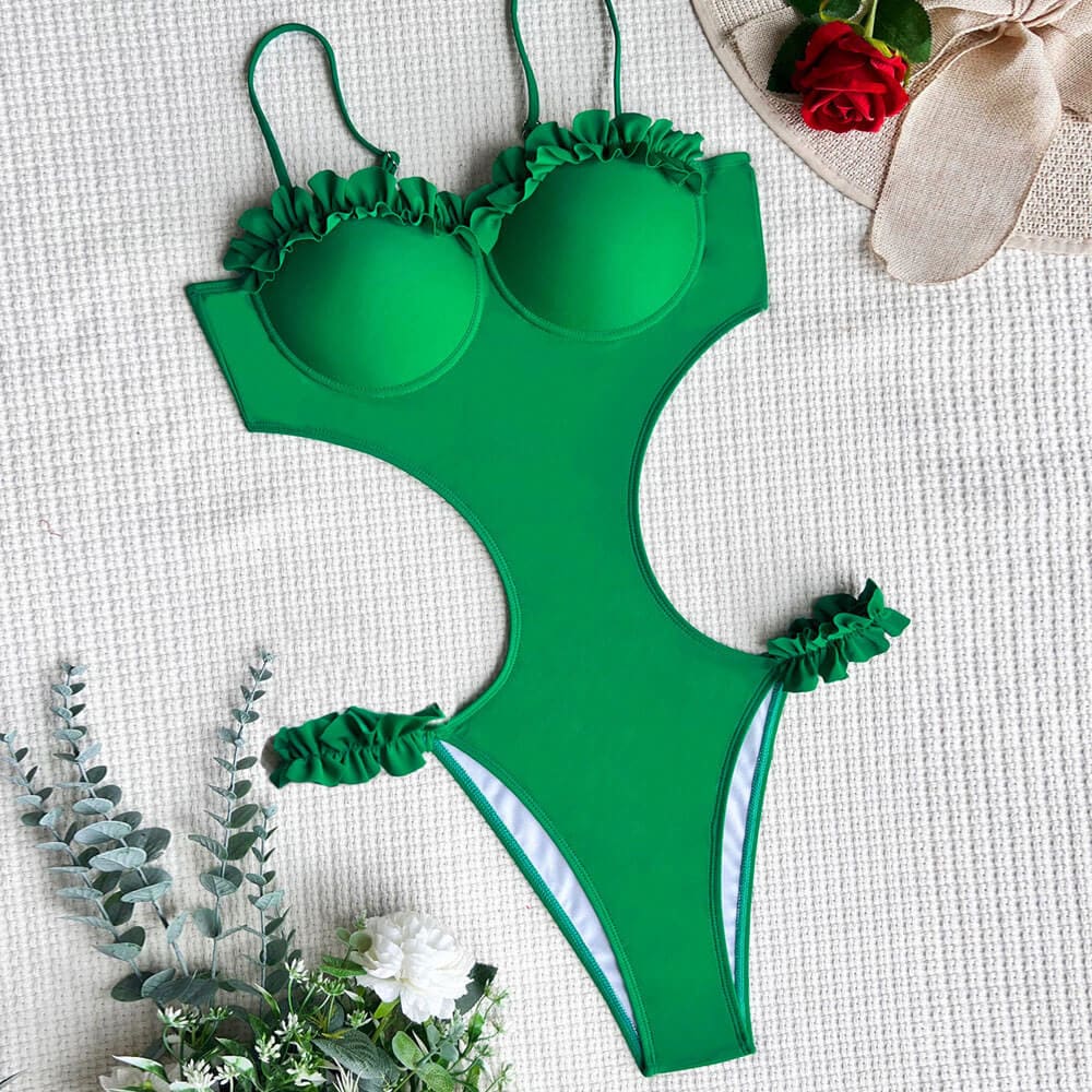 Ruffle Cut Out Underwire Monokini One Piece Swimsuit - On sale