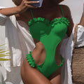 Ruffle Cut Out Underwire Monokini One Piece Swimsuit - Emerald Green / S On sale