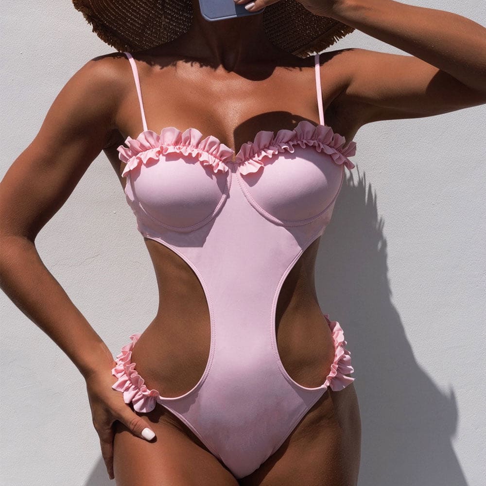 Ruffle Cut Out Underwire Monokini One Piece Swimsuit - Pink / S On sale