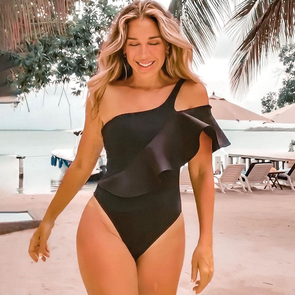 Ruffle High Cut Cutout One Shoulder Piece Swimsuit - Black / S On sale