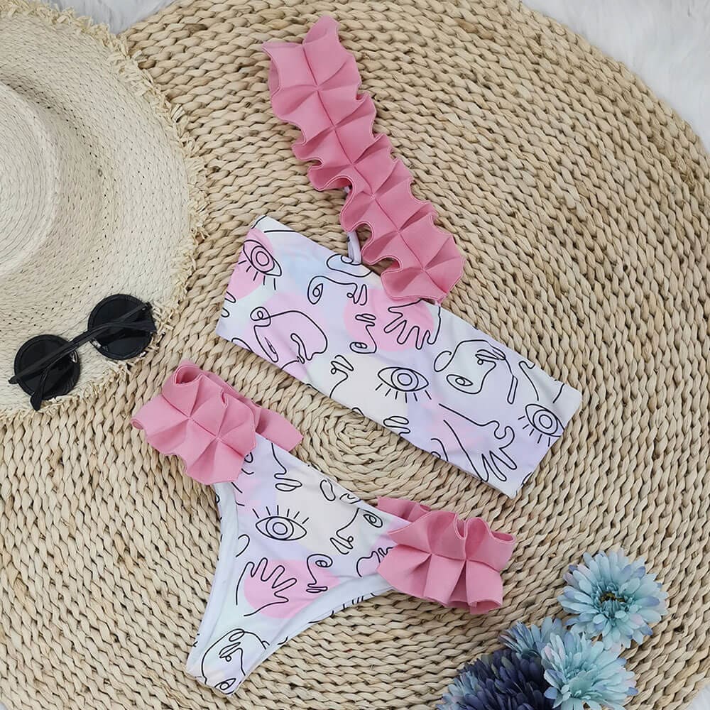 Ruffle Leaf One Shoulder Brazilian Bikini Swimsuit - On sale