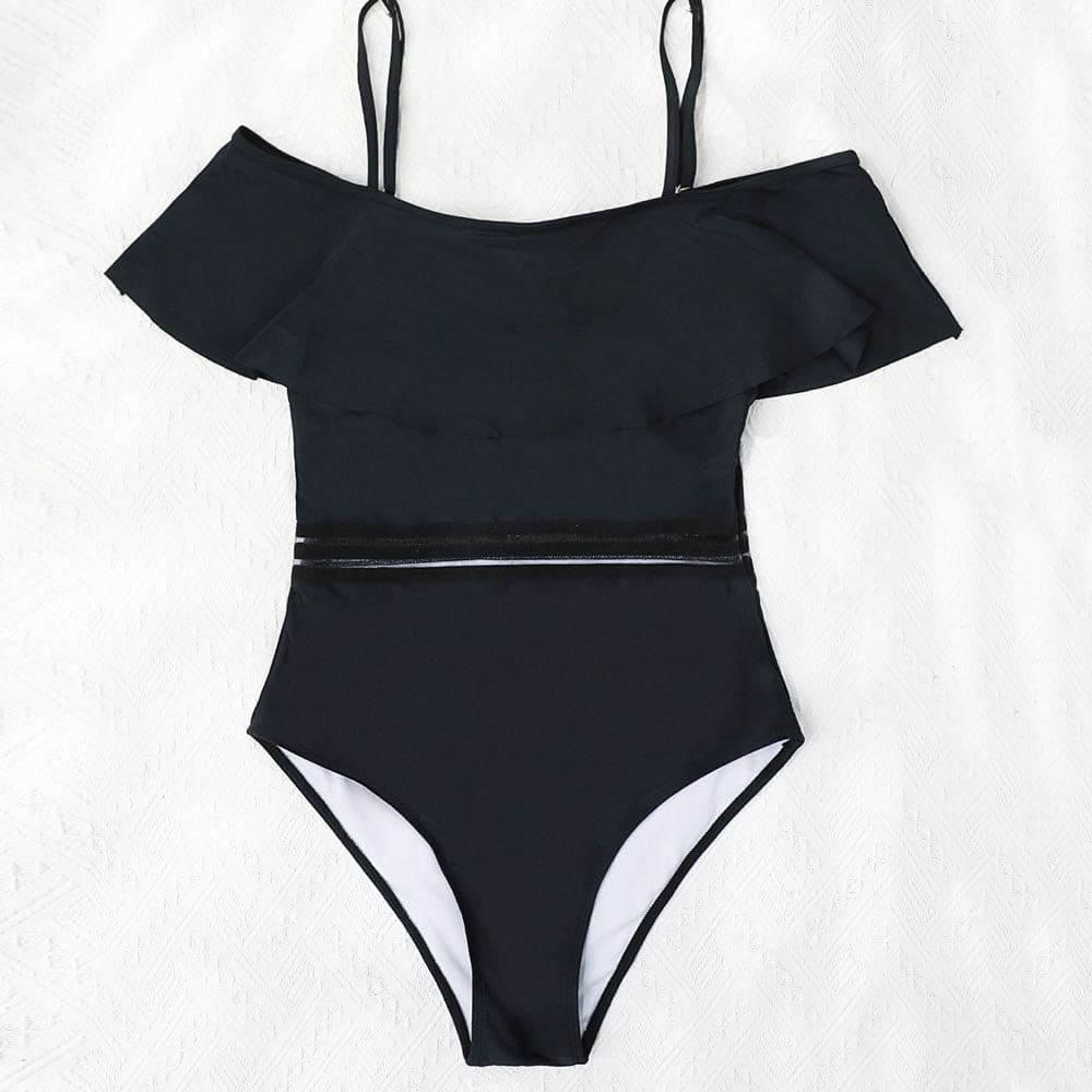 Ruffle Mesh Trim Brazilian One Piece Swimsuit - On sale