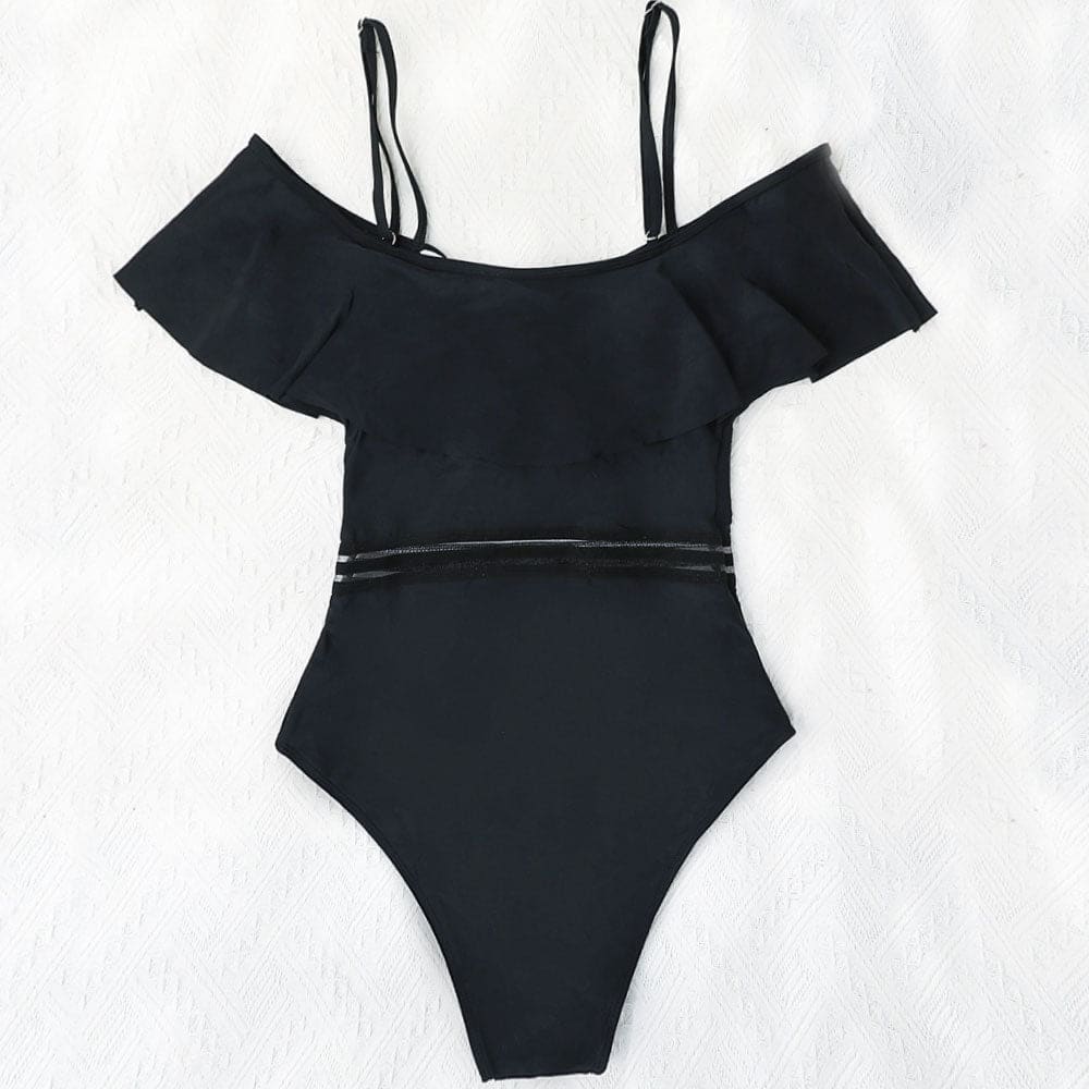 Ruffle Mesh Trim Brazilian One Piece Swimsuit - On sale