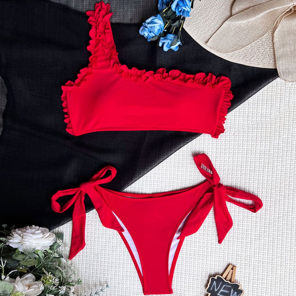 Ruffle One Shoulder Tie Side Brazilian Bikini Swimsuit - On sale